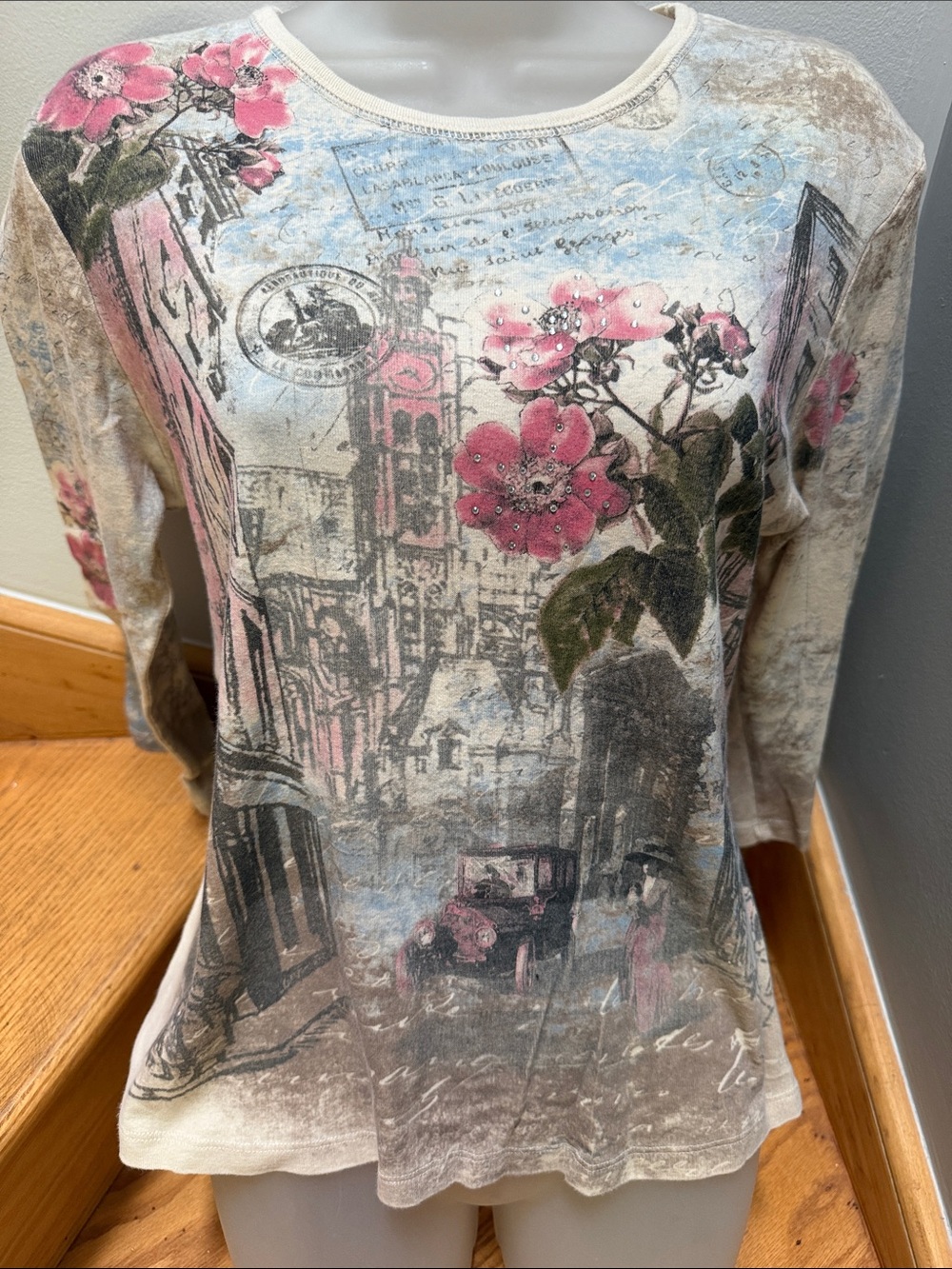 Vintage Paris Graphic Top Floral Hot Air Balloon Rhinestone Tee Large